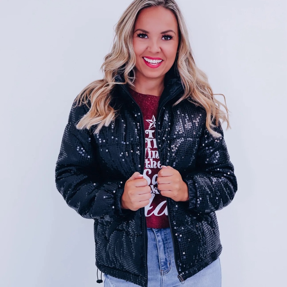 SOUTHERN SPARKLE SEQUIN PUFF JACKET - BLACK - Picture 2 of 5